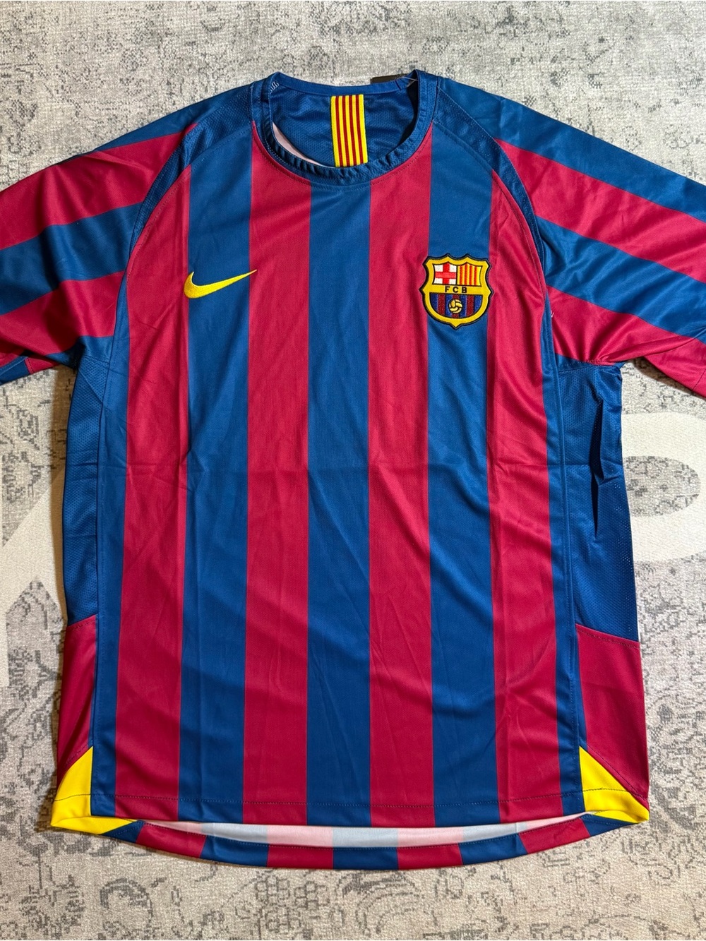 Nike FC Barcelona Blue and Red Striped Jersey with Yellow Accent